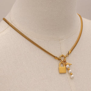 Razare Necklace Teesta Gold Lock Charm Necklace for Women | Initial & Pearl Pendant Snake Chain Necklace | Waterproof Anti-Tarnish Statement Jewelry