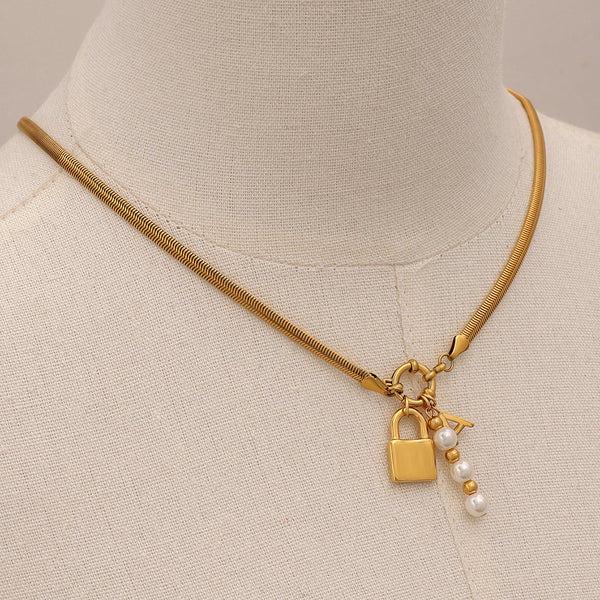 Razare Necklace Teesta Gold Lock Charm Necklace for Women | Initial & Pearl Pendant Snake Chain Necklace | Waterproof Anti-Tarnish Statement Jewelry
