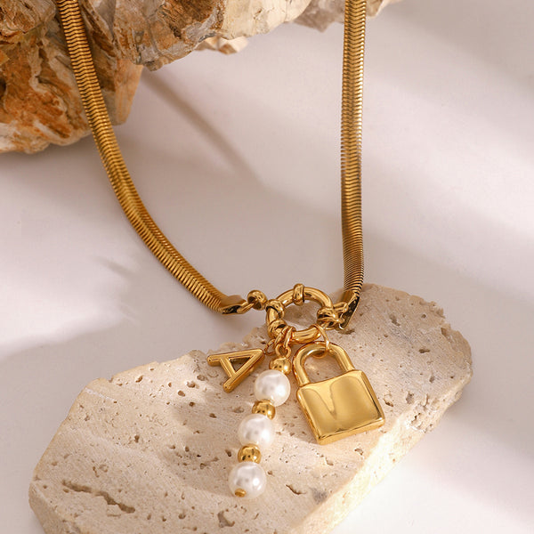 Razare Necklace Teesta Gold Lock Charm Necklace for Women | Initial & Pearl Pendant Snake Chain Necklace | Waterproof Anti-Tarnish Statement Jewelry