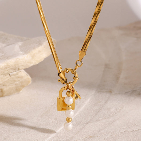 Razare Necklace Teesta Gold Lock Charm Necklace for Women | Initial & Pearl Pendant Snake Chain Necklace | Waterproof Anti-Tarnish Statement Jewelry