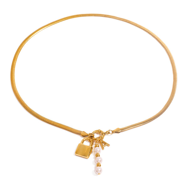 Razare Necklace Teesta Gold Lock Charm Necklace for Women | Initial & Pearl Pendant Snake Chain Necklace | Waterproof Anti-Tarnish Statement Jewelry