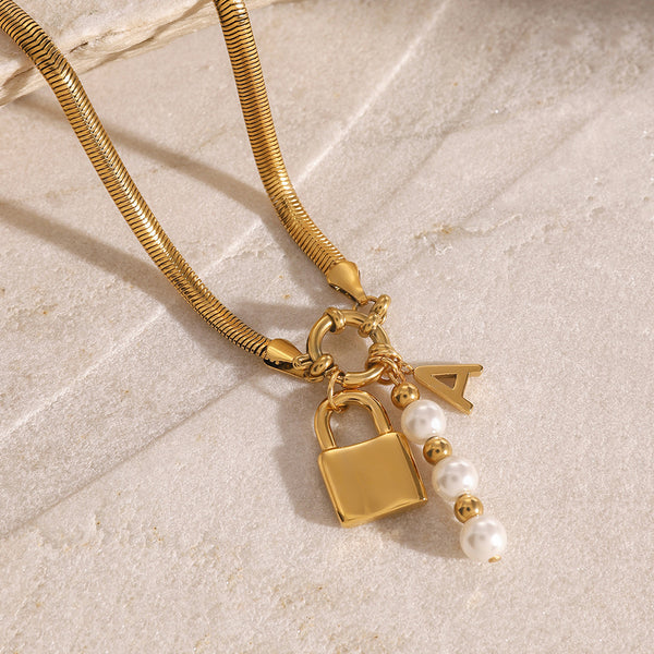 Razare Necklace Teesta Gold Lock Charm Necklace for Women | Initial & Pearl Pendant Snake Chain Necklace | Waterproof Anti-Tarnish Statement Jewelry
