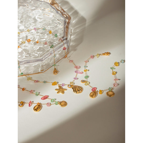 Razare Necklace Teesta Gold-Plated Multicolor Stone Shell & Star Charm Necklace Bracelet Set for Women | Boho Beach Style Jewelry Combo