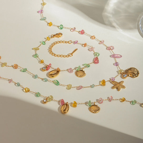 Razare Necklace Teesta Gold-Plated Multicolor Stone Shell & Star Charm Necklace Bracelet Set for Women | Boho Beach Style Jewelry Combo