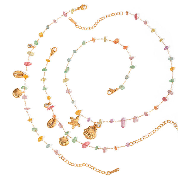 Razare Necklace Teesta Gold-Plated Multicolor Stone Shell & Star Charm Necklace Bracelet Set for Women | Boho Beach Style Jewelry Combo