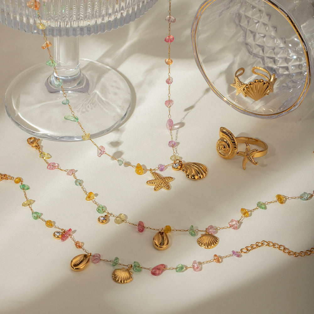 Razare Necklace Teesta Gold-Plated Multicolor Stone Shell & Star Charm Necklace Bracelet Set for Women | Boho Beach Style Jewelry Combo