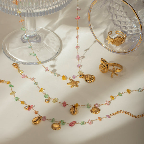 Razare Necklace Teesta Gold-Plated Multicolor Stone Shell & Star Charm Necklace Bracelet Set for Women | Boho Beach Style Jewelry Combo