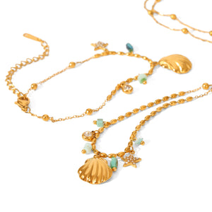 Razare Necklace Teesta Gold-Plated Shell & Star Charm Necklace Bracelet Set for Women | Beaded Ocean-Inspired Jewelry Combo | Trendy Daily & Beach Wear