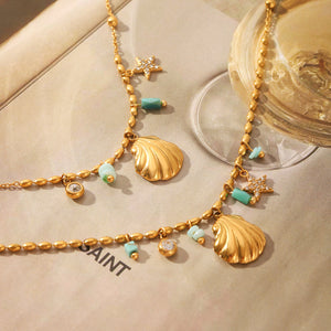 Razare Necklace Teesta Gold-Plated Shell & Star Charm Necklace Bracelet Set for Women | Beaded Ocean-Inspired Jewelry Combo | Trendy Daily & Beach Wear