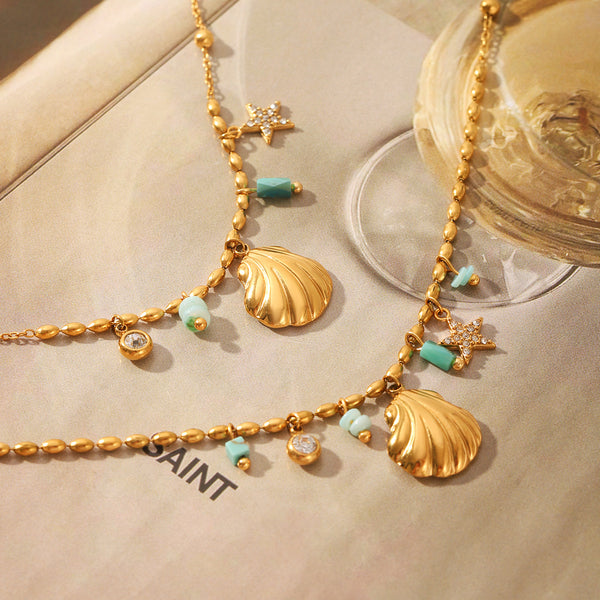 Razare Necklace Teesta Gold-Plated Shell & Star Charm Necklace Bracelet Set for Women | Beaded Ocean-Inspired Jewelry Combo | Trendy Daily & Beach Wear