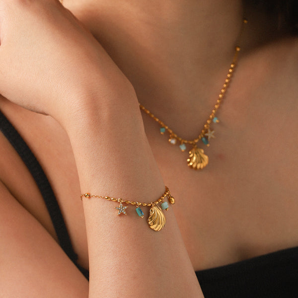 Razare Necklace Teesta Gold-Plated Shell & Star Charm Necklace Bracelet Set for Women | Beaded Ocean-Inspired Jewelry Combo | Trendy Daily & Beach Wear
