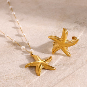 Razare Necklace Teesta Gold-Plated Starfish Pendant Pearl Necklace for Women | Waterproof Stainless Steel Chain | Beach Style Daily Wear Jewelry