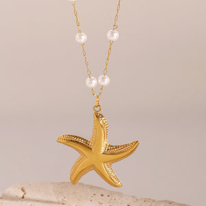 Razare Necklace Teesta Gold-Plated Starfish Pendant Pearl Necklace for Women | Waterproof Stainless Steel Chain | Beach Style Daily Wear Jewelry