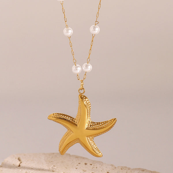 Razare Necklace Teesta Gold-Plated Starfish Pendant Pearl Necklace for Women | Waterproof Stainless Steel Chain | Beach Style Daily Wear Jewelry