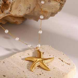 Razare Necklace Teesta Gold-Plated Starfish Pendant Pearl Necklace for Women | Waterproof Stainless Steel Chain | Beach Style Daily Wear Jewelry