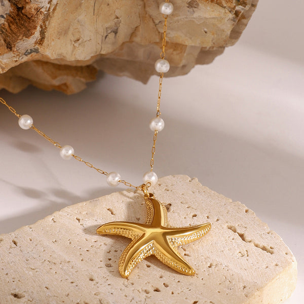 Razare Necklace Teesta Gold-Plated Starfish Pendant Pearl Necklace for Women | Waterproof Stainless Steel Chain | Beach Style Daily Wear Jewelry