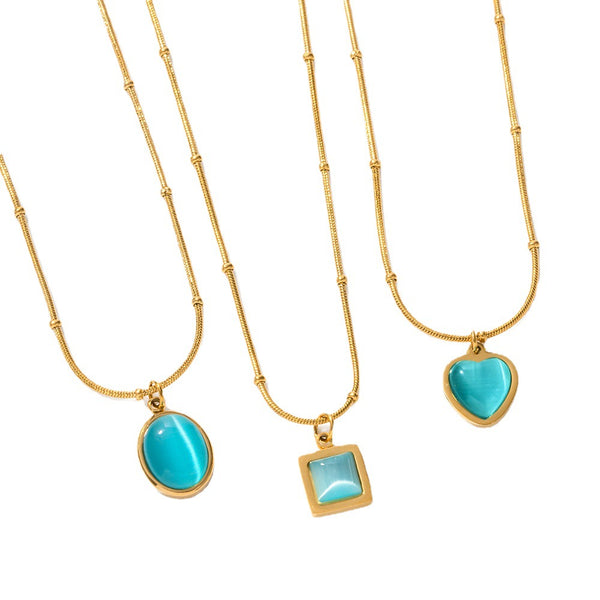 Razare Necklace Teesta Turquoise Charm Pendant Necklace for Women | Gold Snake Chain with Oval, Square & Heart Stone Options | Waterproof Anti-Tarnish Jewelry