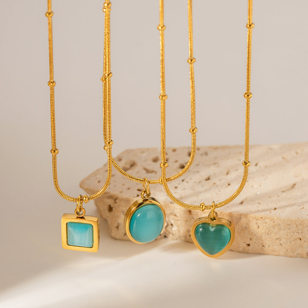 Razare Necklace Teesta Turquoise Charm Pendant Necklace for Women | Gold Snake Chain with Oval, Square & Heart Stone Options | Waterproof Anti-Tarnish Jewelry