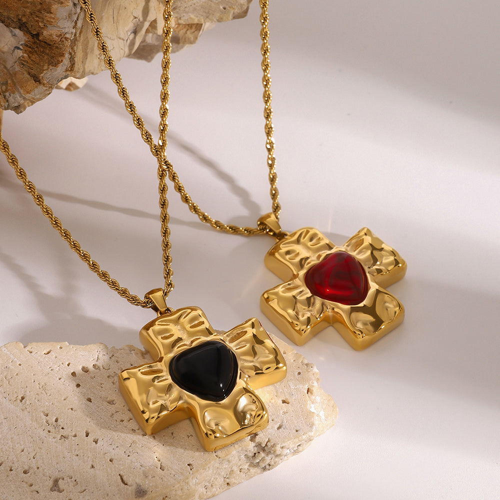 Razare Necklace Teesta Vintage Cross Heart Pendant Necklace for Women | Dual Color Statement Necklace (Red/Black) | Gold-Plated Waterproof Anti-Tarnish Jewelry