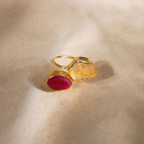 Razare Stone Rings Red Stone Brass Ring: 18K Gold Plated