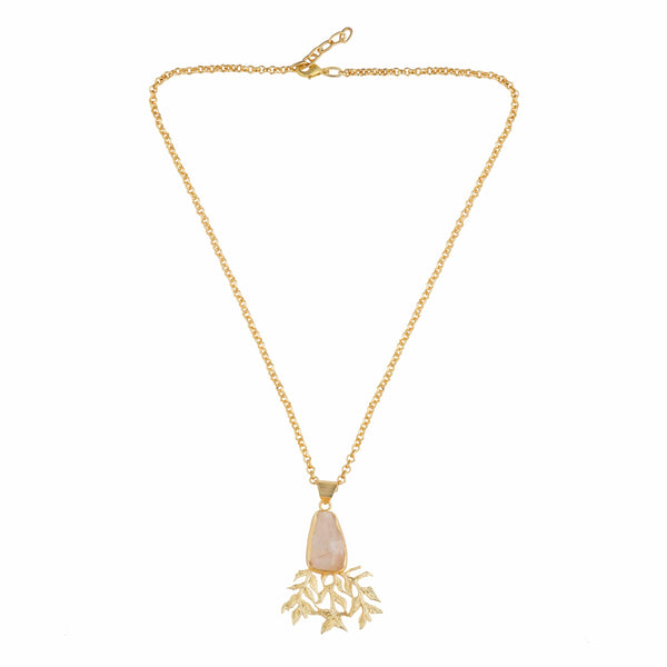 Teesta Necklace Tree Style Quartz Pendant in Semi Precious Stone: 18K Gold Plated