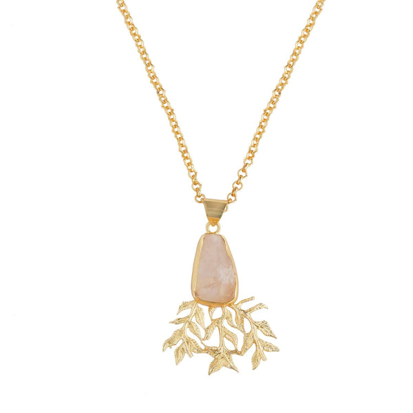 Teesta Necklace Tree Style Quartz Pendant in Semi Precious Stone: 18K Gold Plated