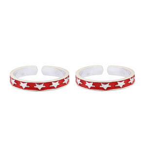 Teesta Red Stars Adjustable Silver Toe Ring: 925 Sterling Silver