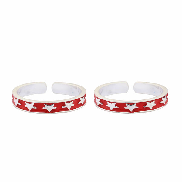 Teesta Red Stars Adjustable Silver Toe Ring: 925 Sterling Silver